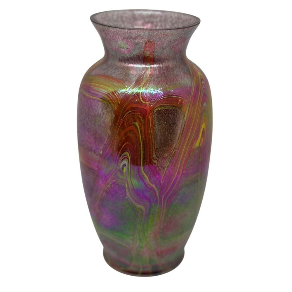VTG Iridescent Red Luster Art Glass Vase Taiwan Favrile Style Collectible Decor